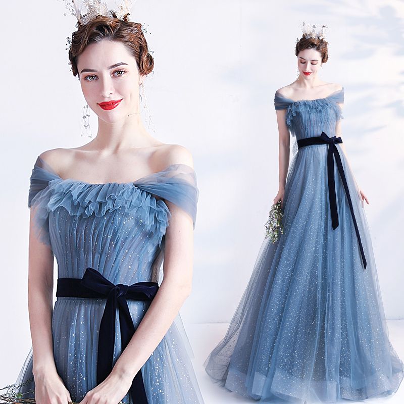 Chic / Beautiful Pool Blue Glitter Prom Dresses 2021 A-Line / Princess ...