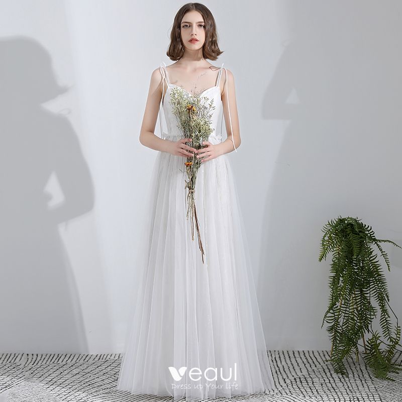 Modest Simple White Floor Length Long Wedding 2018 A Line Princess Tulle Corset Beach Wedding Dresses