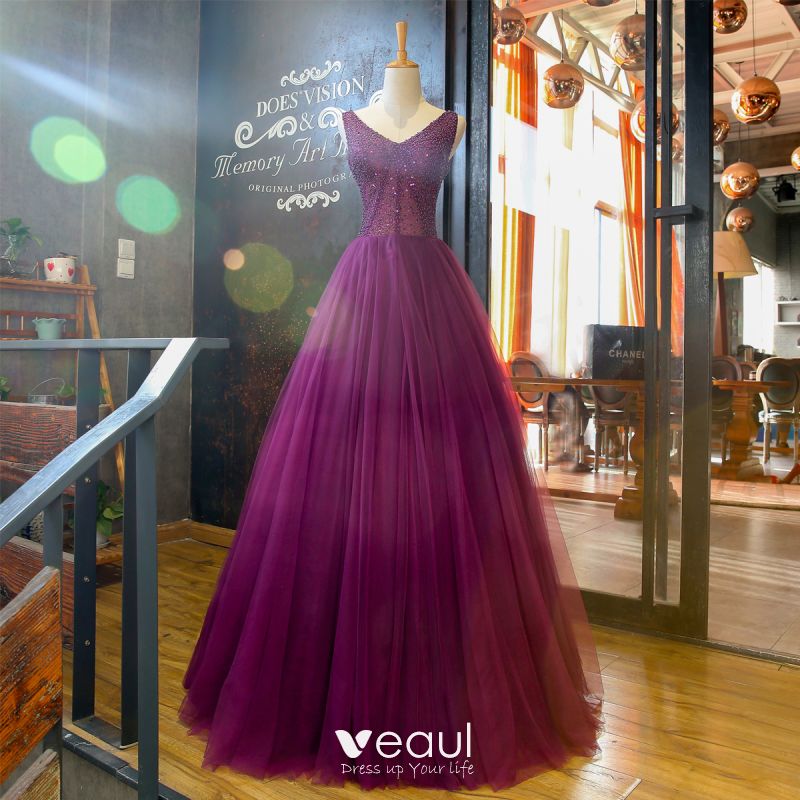 Chic / Beautiful Grape Prom Dresses 2018 A-Line / Princess V-Neck  Sleeveless Beading Floor-Length / Long