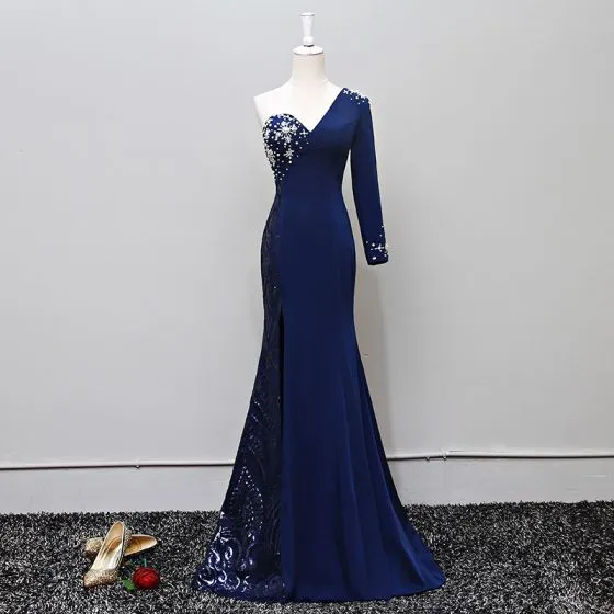 one shoulder long sleeve evening gown