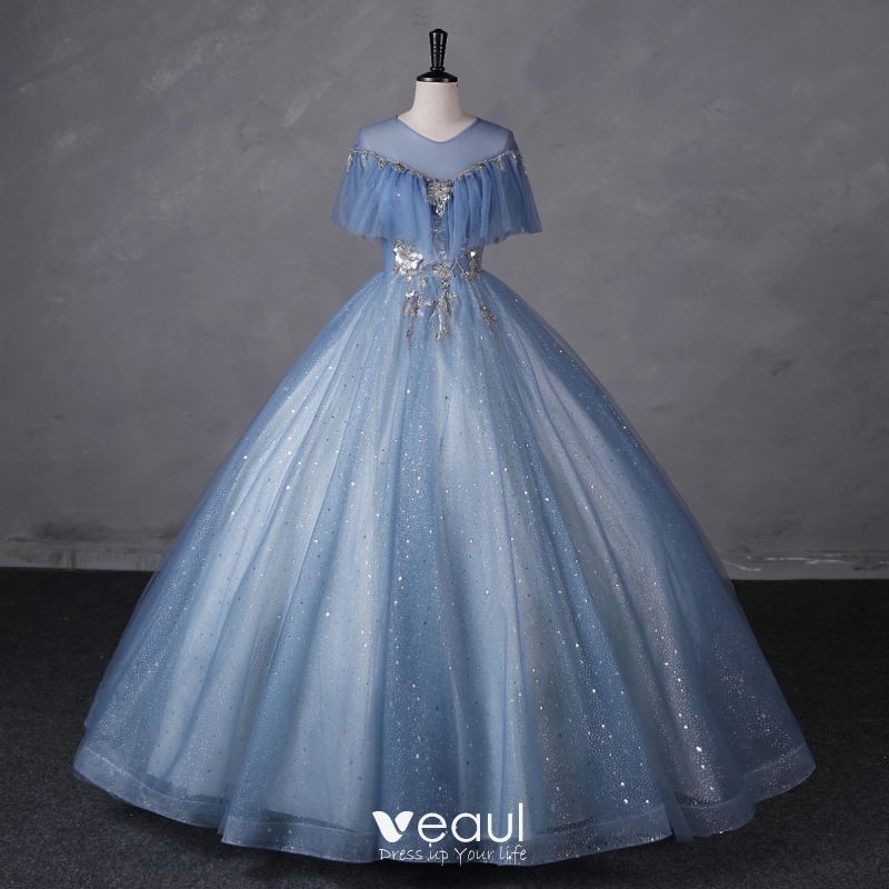 Fashion Sky Blue Glitter Beading Star Sequins Prom Dresses 2023 Ball ...