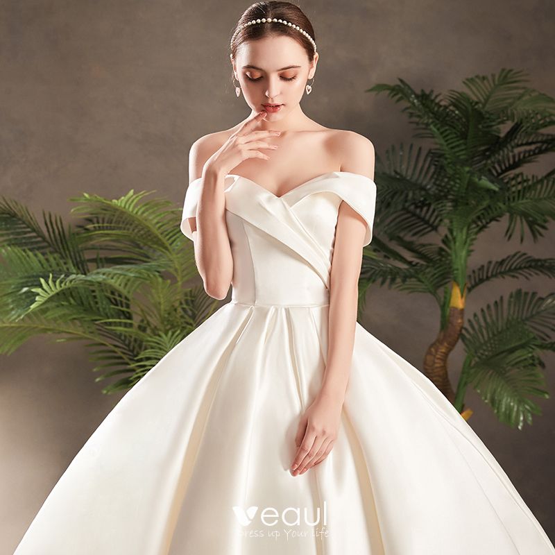 Modest / Simple Ivory Satin Wedding Dresses 2019 Princess Off-The ...