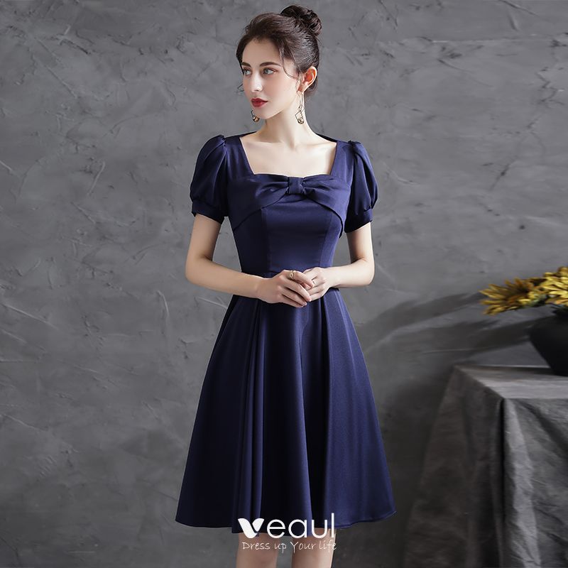 Modest / Simple Navy Blue Satin Homecoming Graduation Dresses 2021 A ...