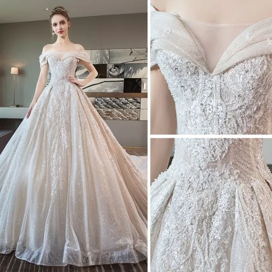 Luxury / Gorgeous Champagne Wedding Dresses 2018 Ball Gown Lace Beading ...