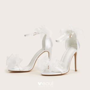 Fashion White Wedding Shoes 2021 Bow Ankle Strap 11 cm Stiletto