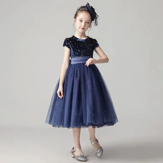 Starry Sky Navy Blue Flower Girl Dresses 2020 A-Line / Princess Scoop ...