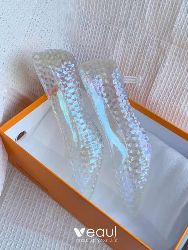 Cinderella Transparent Crystal Wedding Shoes 2023 8 cm Stiletto Heels  Pointed Toe Pumps