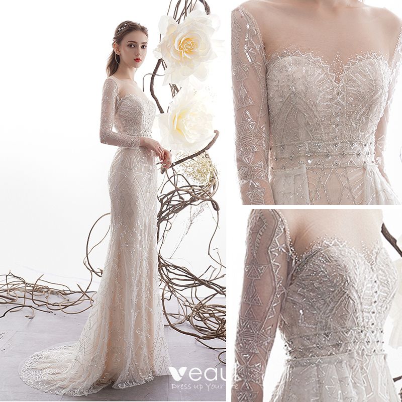 High-end Charming Champagne See-through Wedding Dresses 2019 Trumpet ...