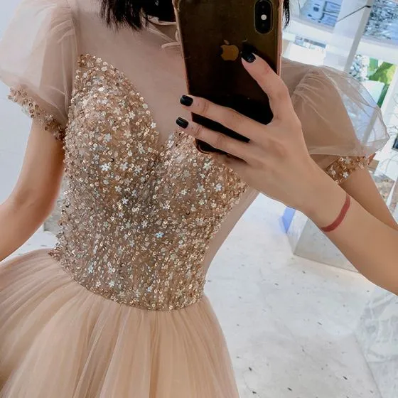 Elegant Champagne Prom Dresses 2021 A-Line / Princess See-through High ...