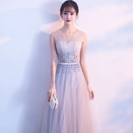 Chic / Beautiful Grey Evening Dresses 2018 A-Line / Princess U-Neck ...