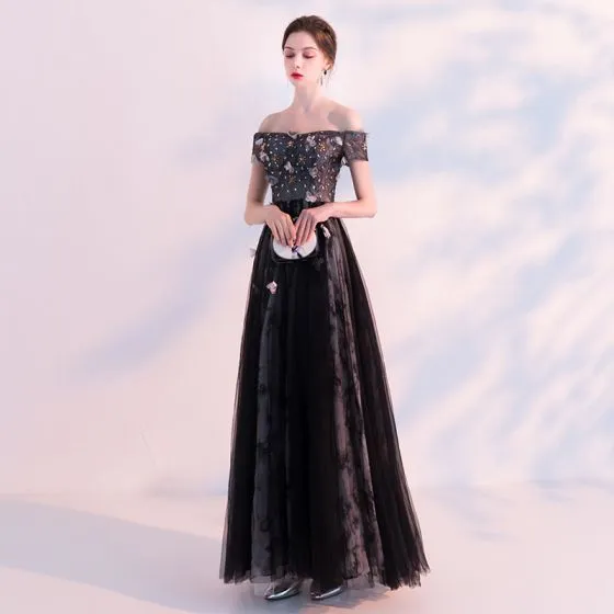 Chic / Beautiful Black Evening Dresses 2018 A-Line / Princess Off-The ...