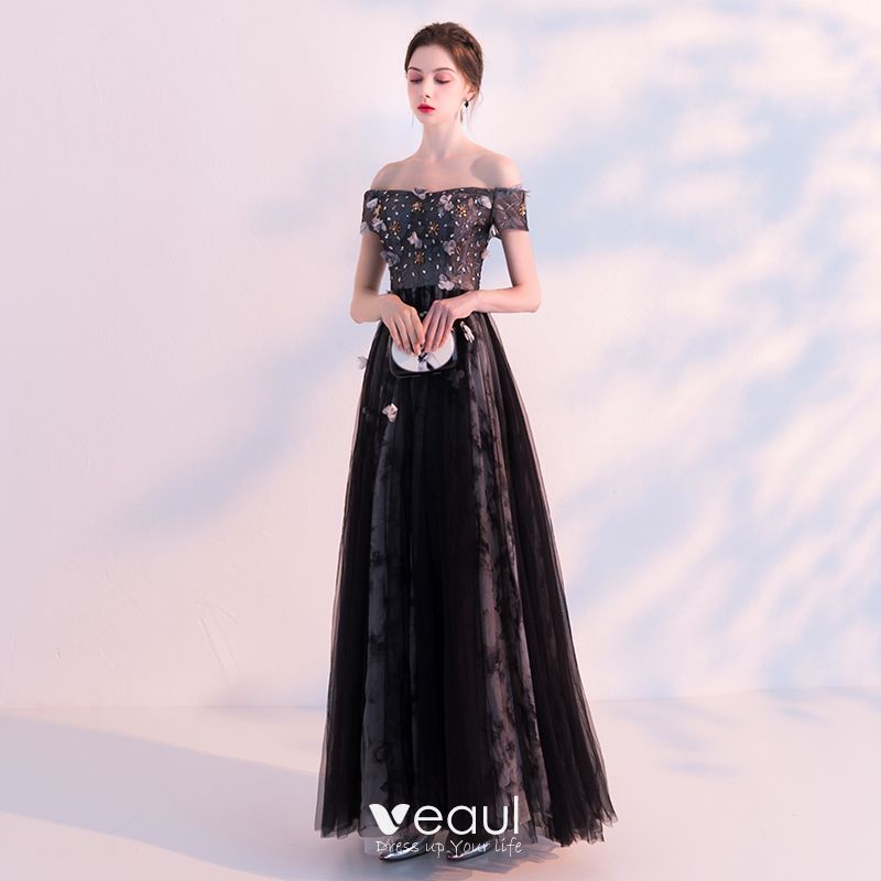 Chic / Beautiful Black Evening Dresses 2018 A-Line / Princess Off-The ...