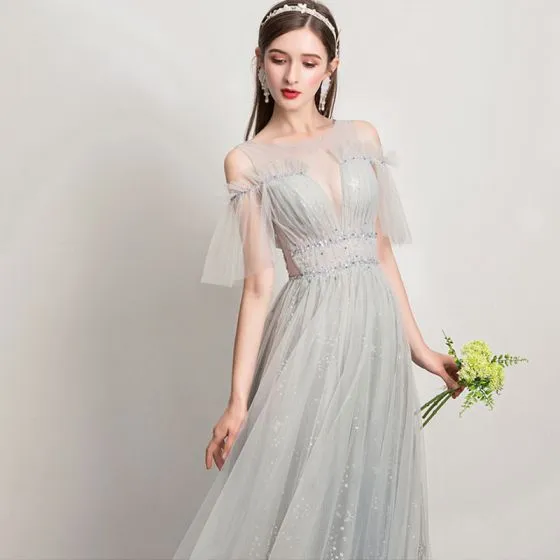 Elegant Ocean Blue Prom Dresses 2021 A-Line / Princess See-through Off ...