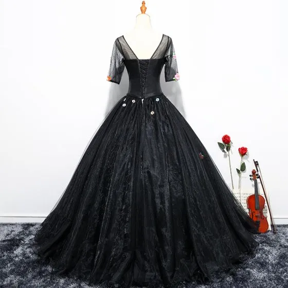 Chic / Beautiful Black Flower Fairy Prom Dresses 2017 Ball Gown ...