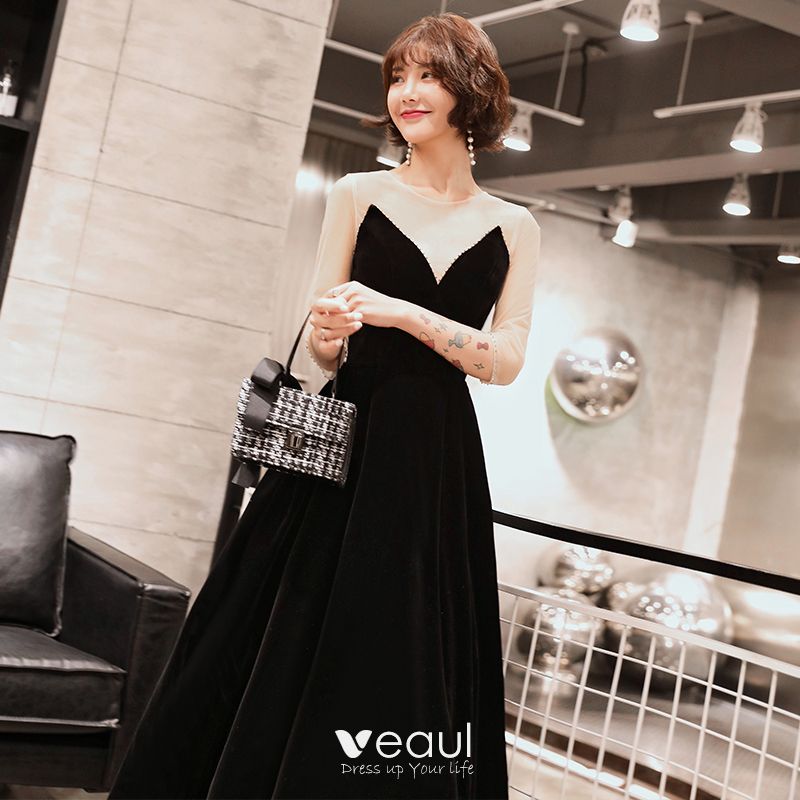 Modern / Fashion Black Suede Winter Evening Dresses 2019 A-Line ...