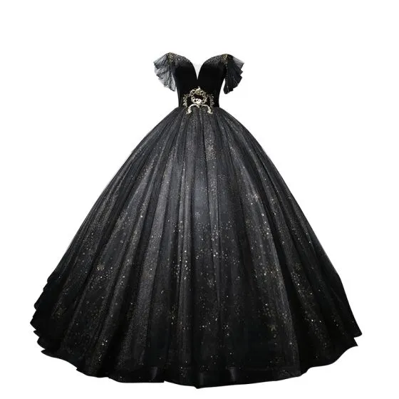 Elegant Black Prom Dresses 2022 Ball Gown Off-The-Shoulder Short Sleeve ...