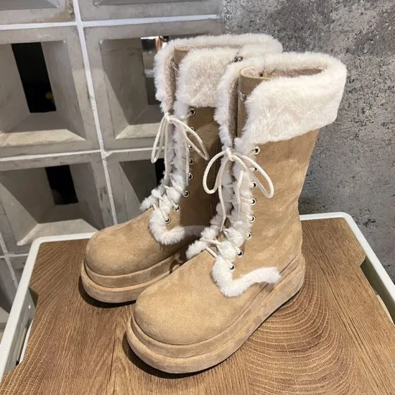 Vintage Retro Tan Suede Street Wear Flat Winter Snow Boots 2024 Round Toe Womens Boots 560x560 