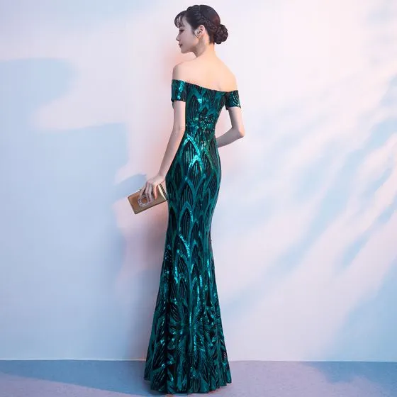 Sparkly Dark Green Sequins Evening Dresses 2018 Trumpet / Mermaid Off ...