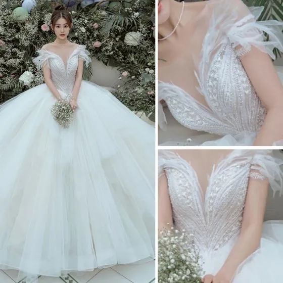 Luxury / Gorgeous White Wedding Dresses Ball Gown 2021 Scoop Neck ...