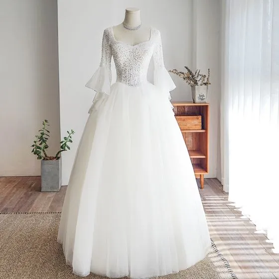 Elegant Ivory Wedding Dresses 2019 Ball Gown Square Neckline Beading ...