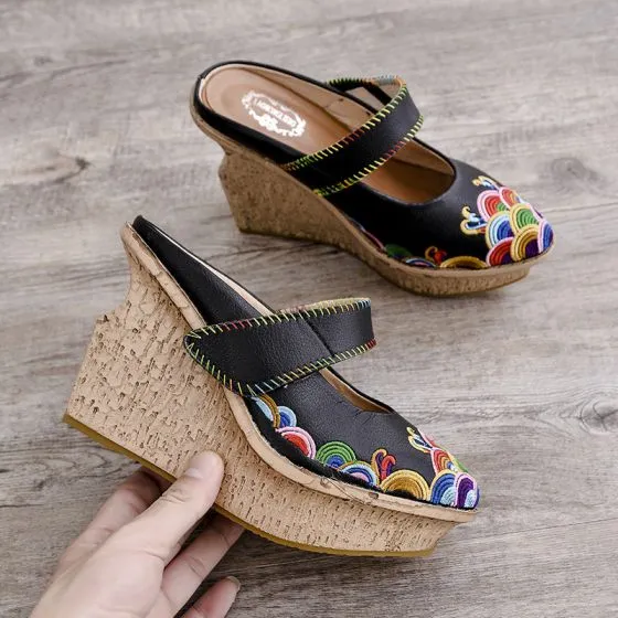 Ethnic Black Casual Leather Womens Sandals 2020 Embroidered 11 cm ...