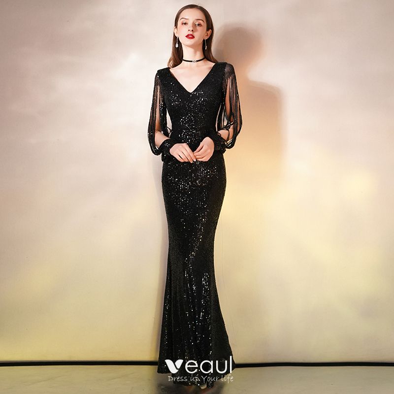long sleeve black sequin evening gown