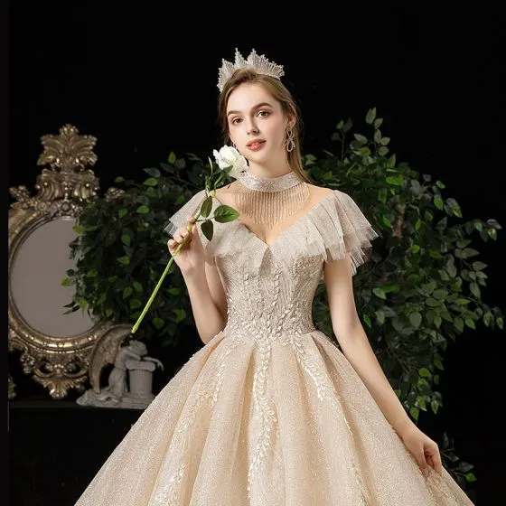 Best Champagne See-through Wedding Dresses 2020 A-Line / Princess High ...