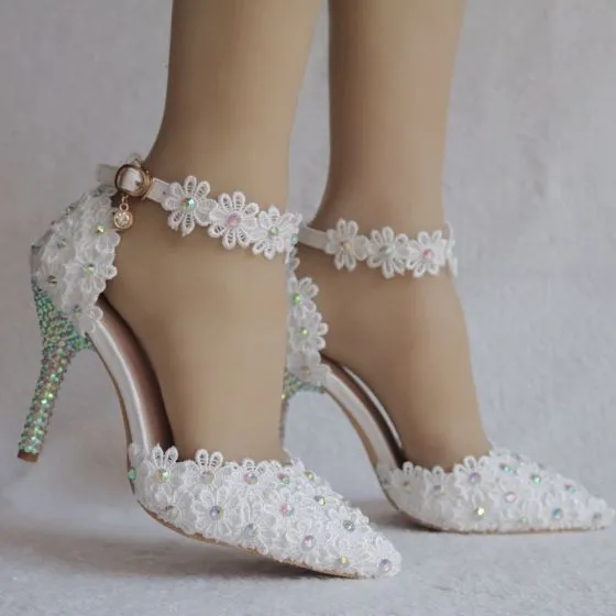 Charming White Wedding Shoes 2018 Lace Ankle Strap Rhinestone 9 cm ...