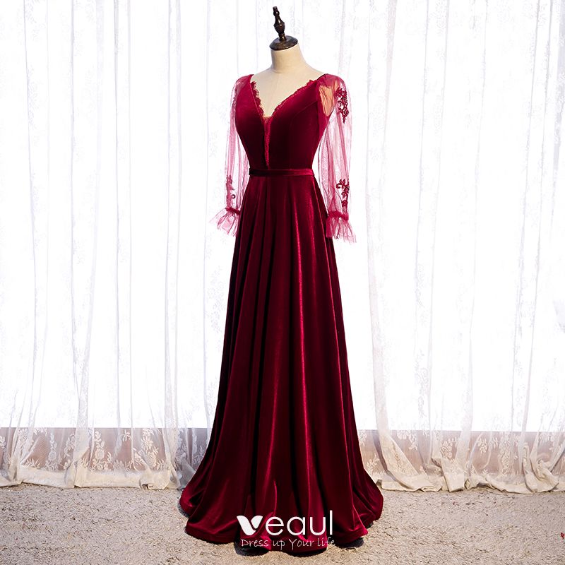 Chic / Beautiful Burgundy Velour Winter Prom Dresses 2020 A-Line ...