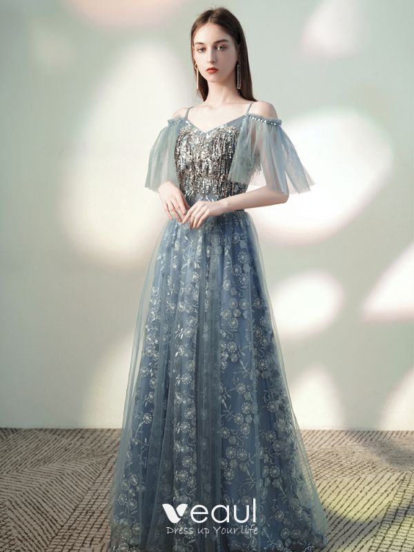 Charming Sky Blue Grey Evening Dresses 2020 Off-The-Shoulder Beading ...