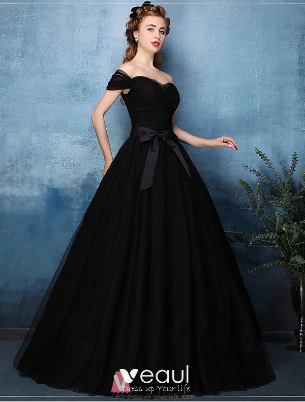 Beautiful Simple Ball Gown Off The Shoulder Sweetheart Black Tulle Prom ...