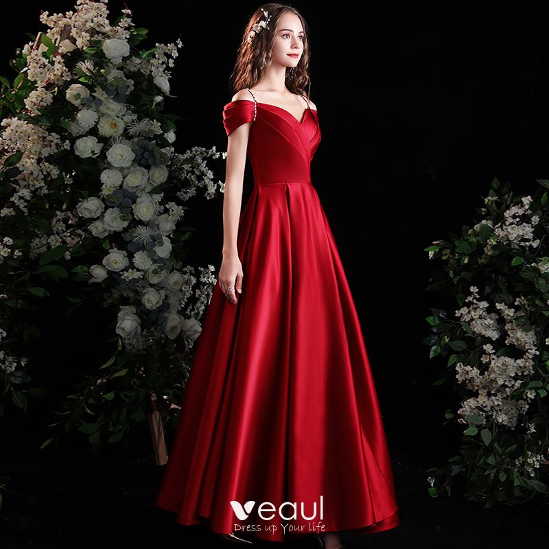 Elegant Burgundy Satin Prom Dresses 2021 A-Line / Princess Short Sleeve ...