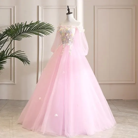 Elegant Candy Pink Prom Dresses 2019 A Line Princess Off The Shoulder Sequins Lace Flower