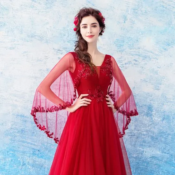 Chic / Beautiful Red Evening Dresses 2018 A-Line / Princess V-Neck ...