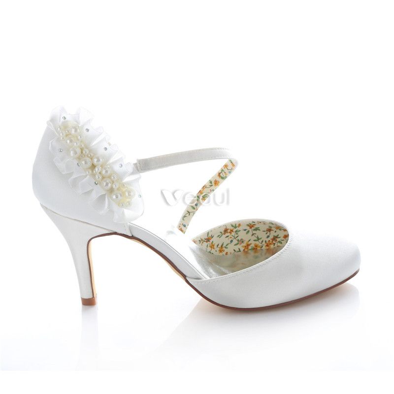 Elegant White Satin Bridal Shoes Stiletto Heels Pumps With Pearl