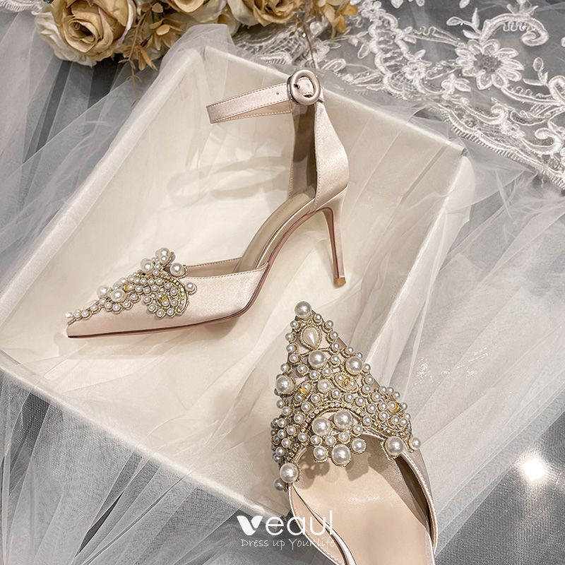 Chic / Beautiful Champagne Satin Pearl Rhinestone Wedding Shoes 2021 ...