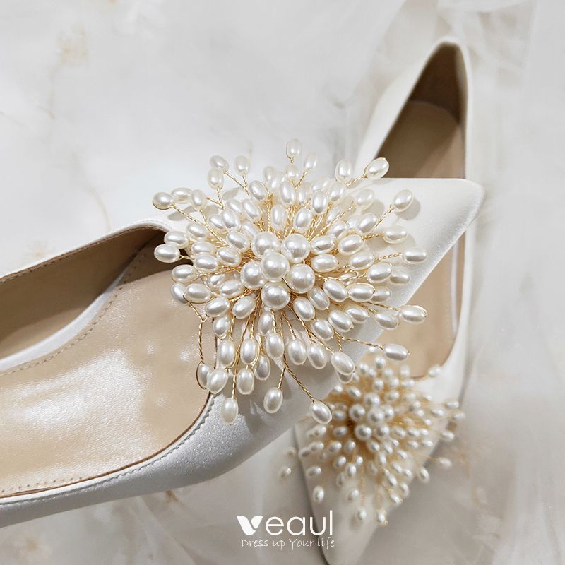 Elegant Ivory Satin Pearl Wedding Shoes 2020 Leather 3 cm Low Heel ...