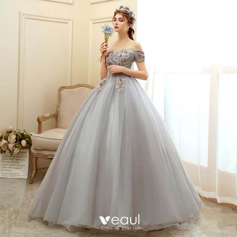Elegant Grey Prom Dresses 2020 Ball Gown Off-The-Shoulder Short Sleeve ...