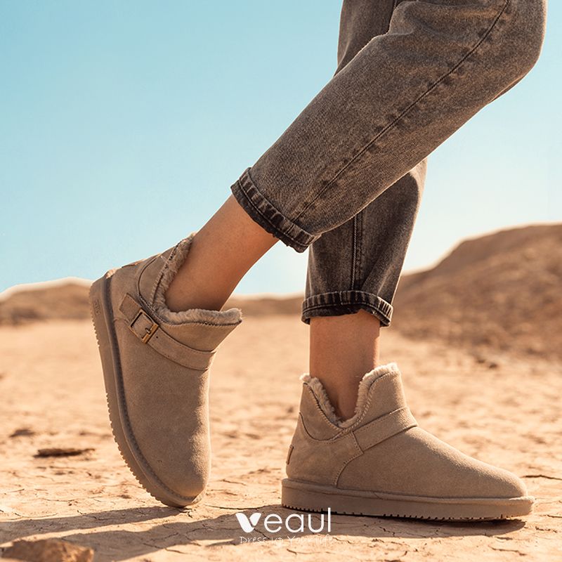 converteerbaar aspect verhaal Chic / Beautiful Brown Snow Boots 2020 Woolen Leather Buckle Ankle Winter  Flat Casual Round Toe Womens Boots