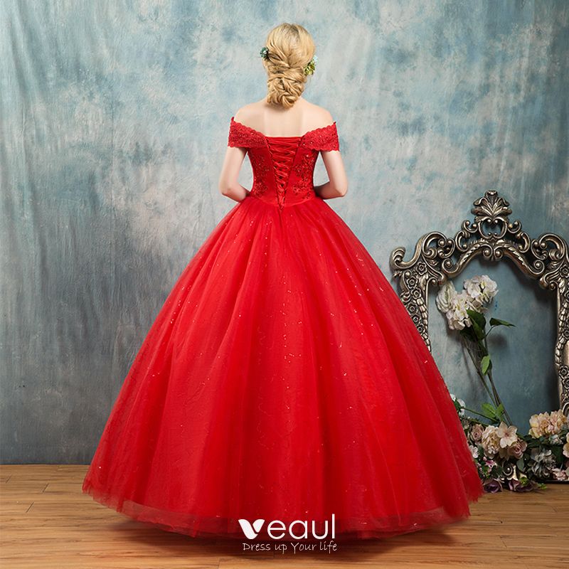 Elegant Red Wedding Dresses 2019 Ball Gown Off The Shoulder Beading Crystal Flower Lace Short 6092