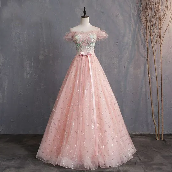 Elegant Pearl Pink Prom Dresses 2019 Ball Gown Off-The-Shoulder ...