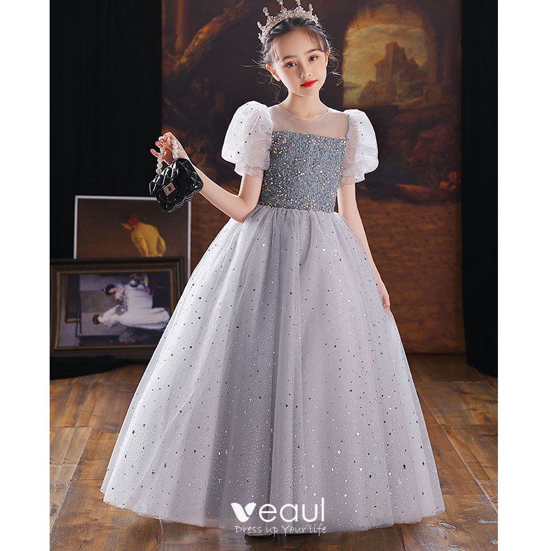 Chic / Beautiful Grey Sequins Birthday Flower Girl Dresses Ball Gown ...