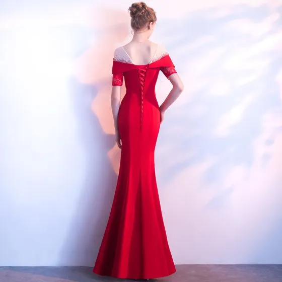 Chic / Beautiful Red Evening Dresses 2018 Trumpet / Mermaid Scoop Neck ...