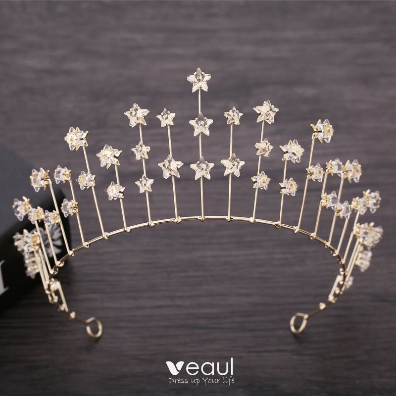 Chic / Beautiful Gold Bridal Hair Accessories 2019 Metal Star Crystal ...