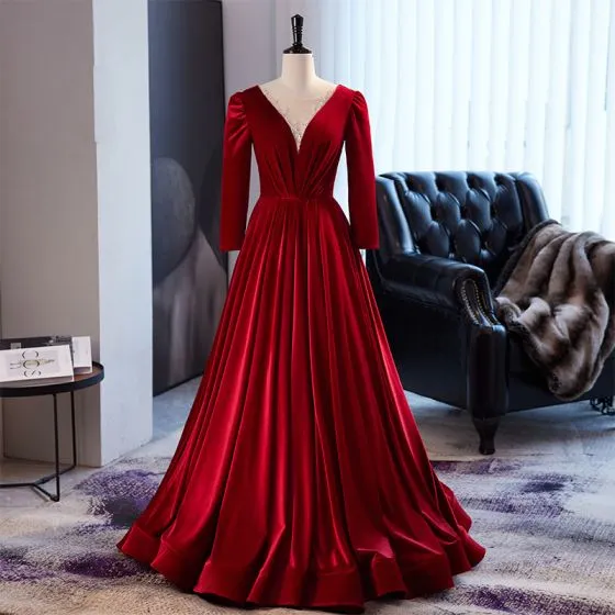 Modest / Simple Burgundy Suede Velour Prom Dresses 2023 A-Line