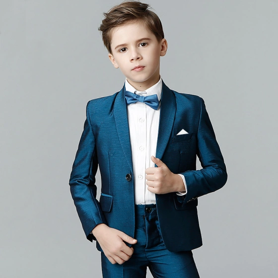 Modest / Simple Ocean Blue Tie Ink Blue Long Sleeve Boys Wedding Suits 2018