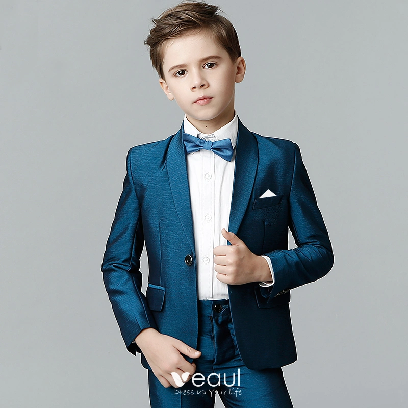 Modest / Simple Ocean Blue Tie Ink Blue Long Sleeve Boys Wedding Suits 2018