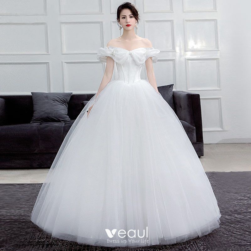 Affordable Ivory Corset Wedding Dresses 2019 Ball Gown Off The Shoulder Short Sleeve Backless 0142