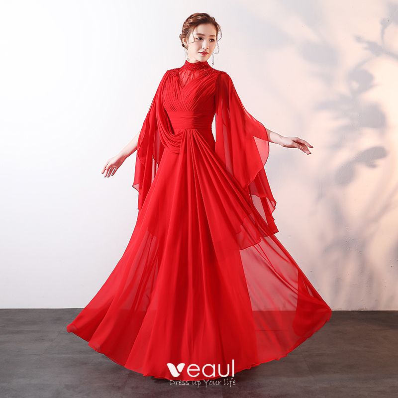 Modern Fashion Red Floor Length Long Evening Dresses 2018 A Line Princess High Neck Tulle 