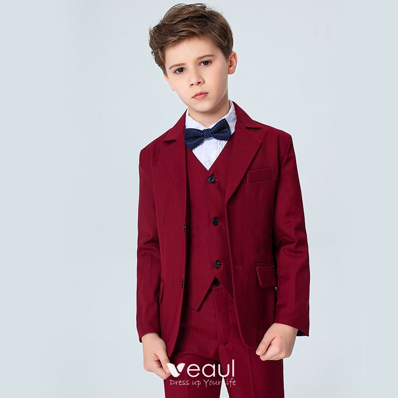 Modest / Simple Spotted Tie Burgundy Boys Wedding Suits 2020
